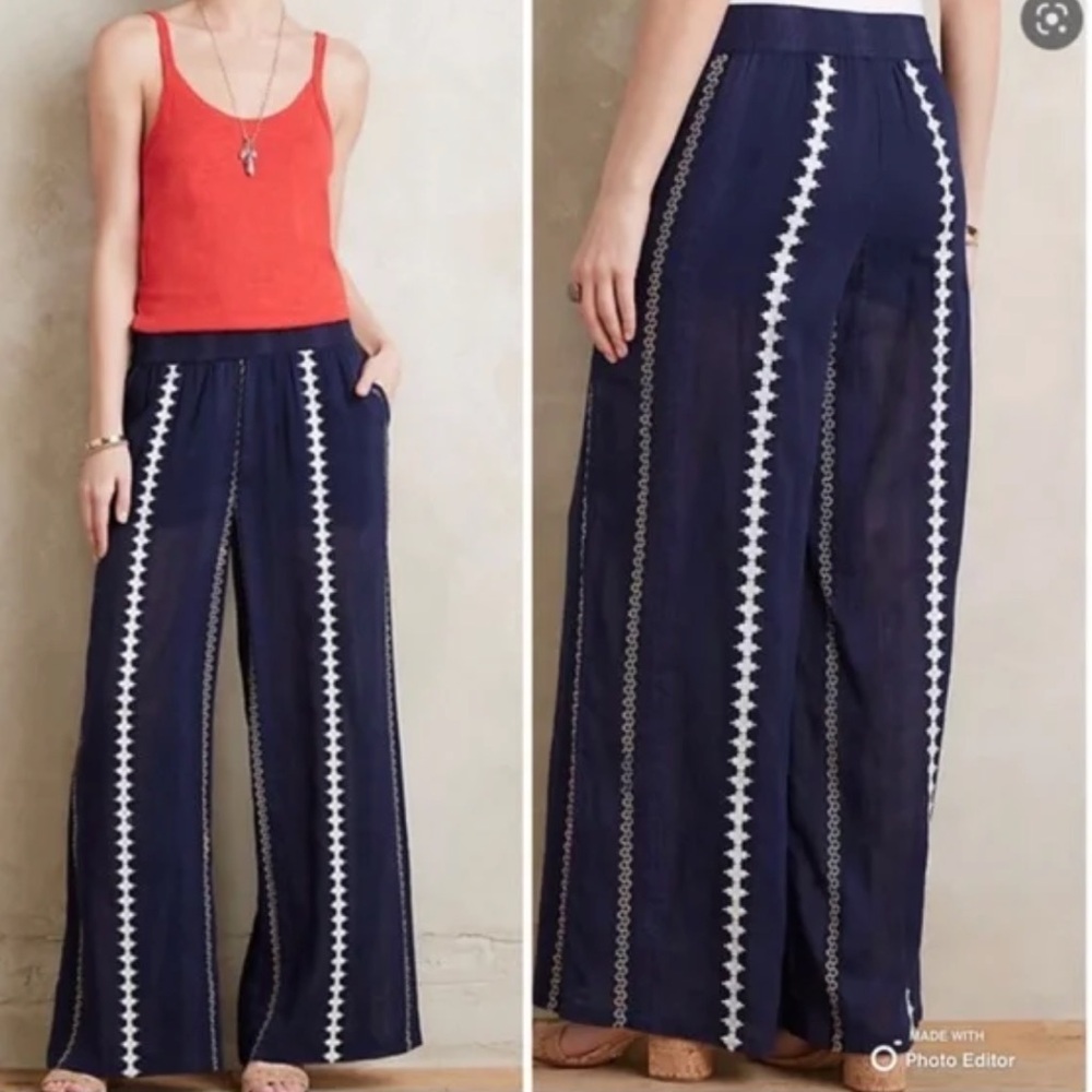 Anthropologie Ranna Gill Navy embroidered Darlington Palazzo pants NWT